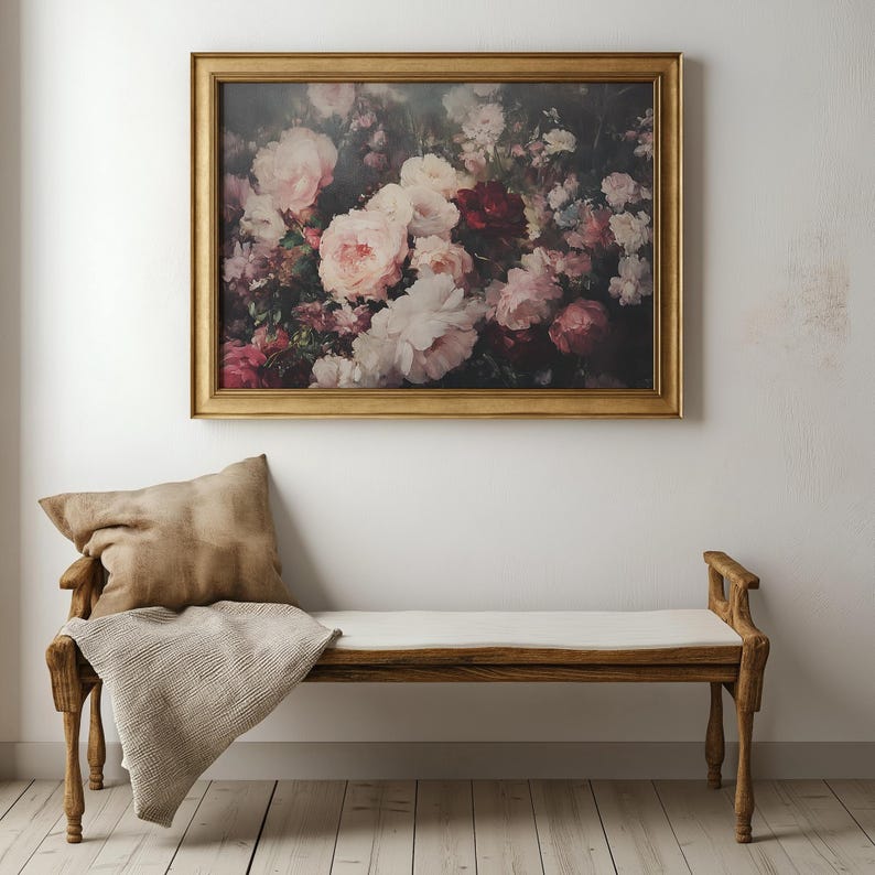 Vintage Pink Roses Gold Framed Large Canvas Art | Moody Botanical Oil ...