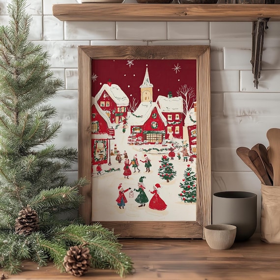 クリスマスタウンの水彩画｜雪の村の風景（デジタルダウンロード