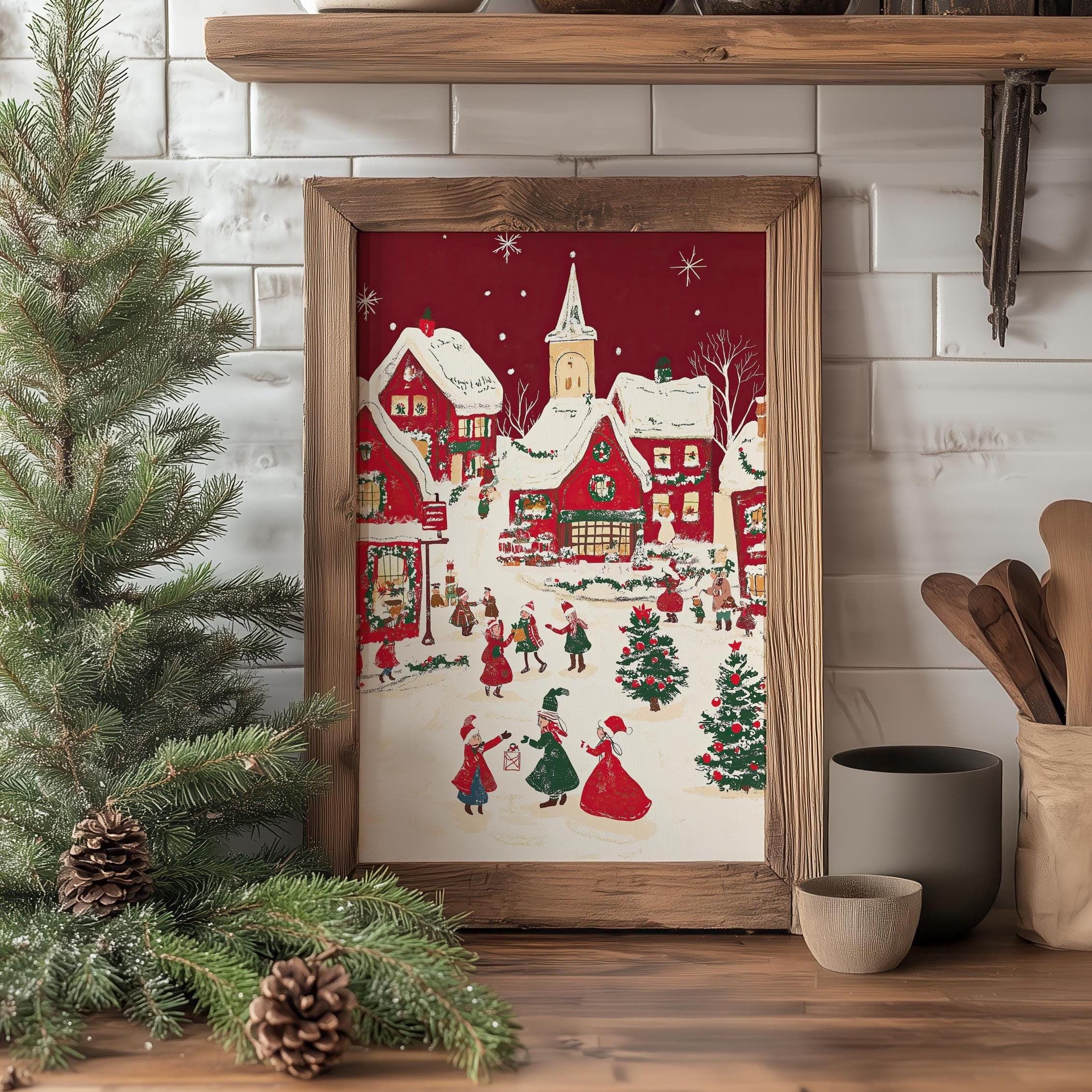 クリスマスタウンの水彩画｜雪の村の風景（デジタルダウンロード