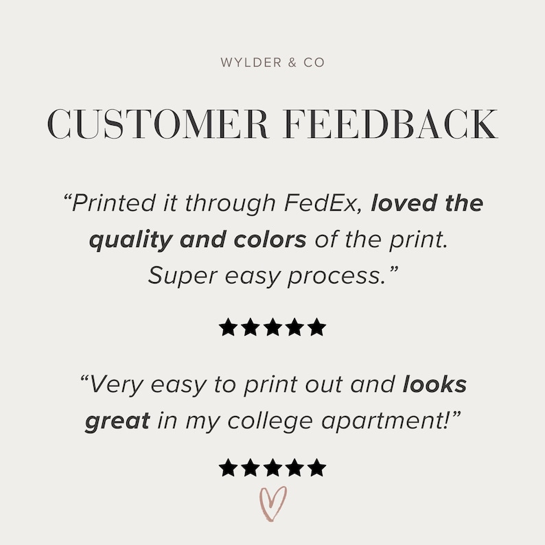 May include: Customer feedback for a printing service. The text reads "Printed it through FedEx, loved the quality and colors of the print. Super easy process." and "Very easy to print out and looks great in my college apartment!" with five stars below each quote.