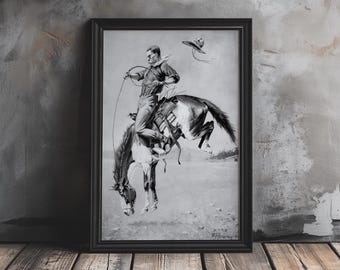 Lámina vintage de rodeo vaquero / Boceto de Remington, Arte mural del oeste