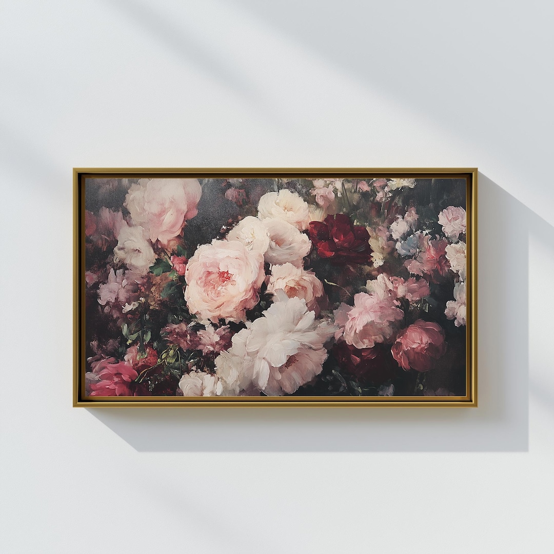 Vintage Pink Roses Gold Framed Large Canvas Art | Moody Botanical Oil ...