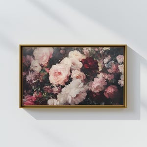 Vintage Pink Roses Gold Framed Large Canvas Art | Moody Botanical Oil Painting | Floral Mid Century Decor, Ready to Hang