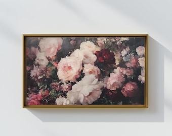 Lienzo grande con rosas rosadas vintage enmarcado en oro / Pintura al óleo botánica melancólica / Decoración floral de mediados de siglo, lista para colgar