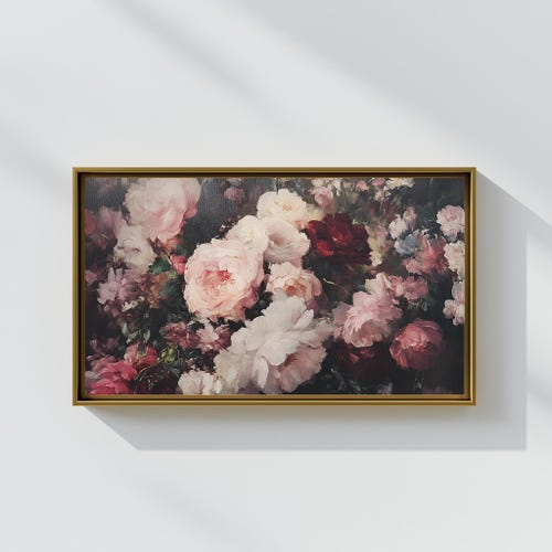 Grande toile vintage encadrée de roses roses et d'or | Peinture à l'huile botanique Moody | Décoration florale Mid-Century, prête à accrocher