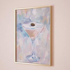 Póster de cóctel Espresso Martini con acuarela pastel, arte de carrito de bar para decoración de cocinas preppy, apartamentos o residencias universitarias.