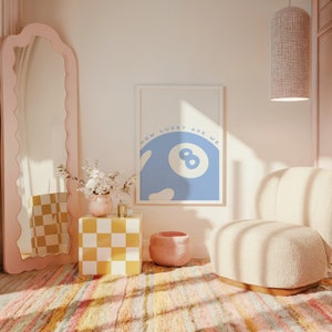 Juego de 3 impresiones artísticas de pared &quot;Lucky You&quot; / Imprimible de cereza de bola 8 con la frase &quot;How Lucky Are We&quot; / Decoración moderna y bonita para dormitorio femenino en azul claro, dormitorio universitario