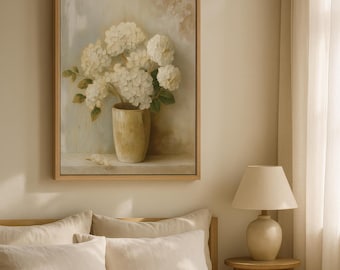Hydrangea Painting | Neutral Vintage Farmhouse Floral Wall Art (Digital Download)