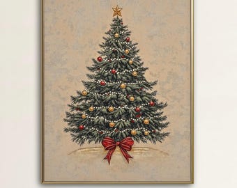 Vintage Christmas Tree Print with Red Bow (Digital Download)