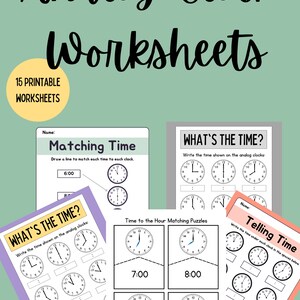May include: A set of printable analog clock worksheets for kids. The worksheets include matching times to clocks, telling time, and time to the hour matching puzzles.