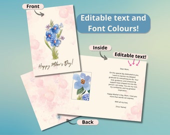 EDITABLE DIGITAL Happy Mother's Day - Blue&Pink Floral Watercolor Greeting Card Template -  Greeting Mom Card - Photo - INSTANT Download