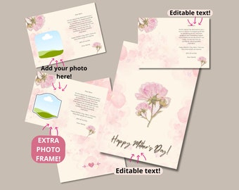 EDITABLE DIGITAL Happy Mother's Day - Pink Floral Watercolor Greeting Card Template -  Greeting Mom Card - Photo - INSTANT Download