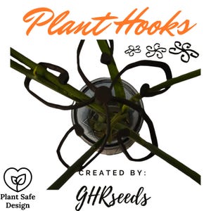 May include: Plant Hooks, a set of black metal hooks designed to support plants. The hooks are attached to a glass jar, and a plant with green stems is growing inside the jar. The text "Plant Hooks" is written in orange at the top of the image. The text "CREATED BY: GHRseeds" is written in black at the bottom of the image.