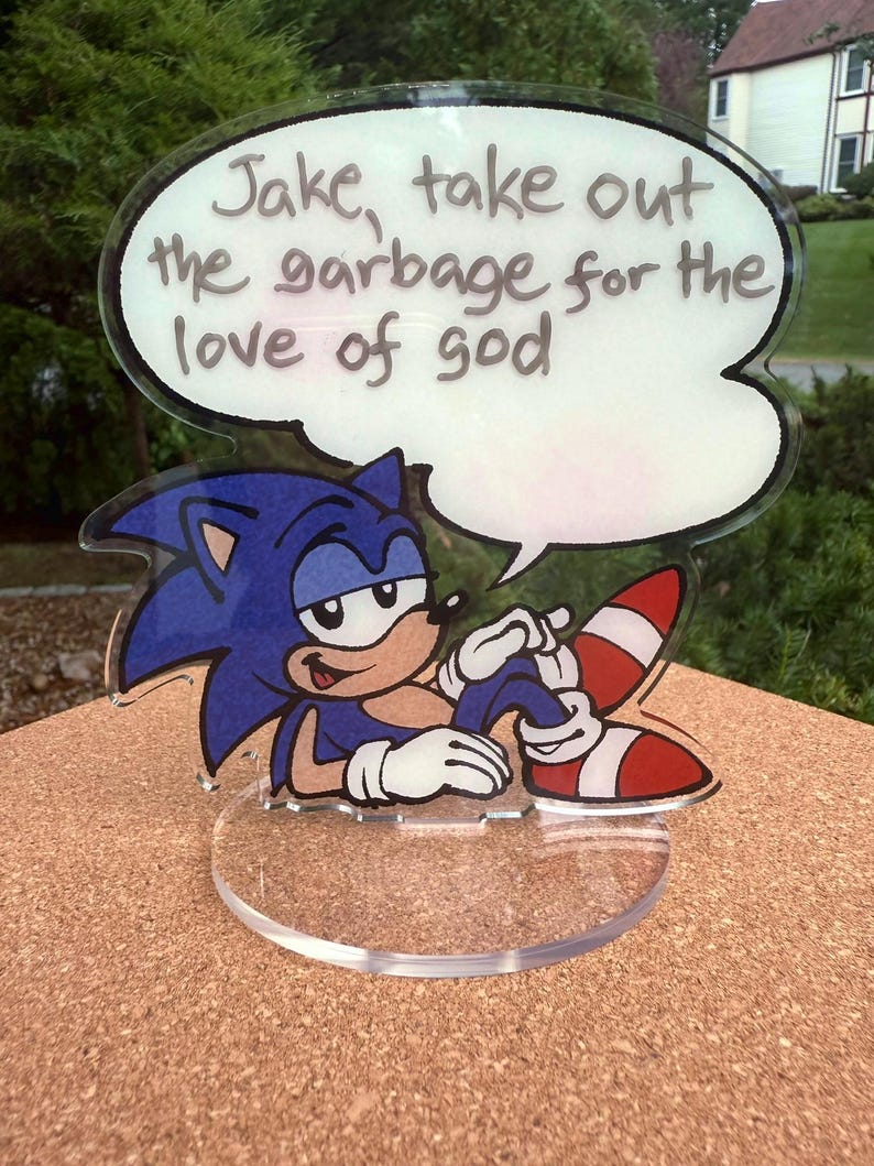 May include: A clear acrylic decoration featuring Sonic the Hedgehog with a speech bubble. The speech bubble reads "Jake, take out the garbage for the love of god." Sonic is blue with white gloves and red and white shoes.