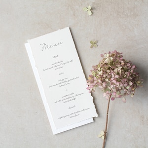 Bozza di menù per matrimonio moderno, decorazioni per ricevimento, modello semplice e minimalista, bozza di menù per cena, cartoncino bianco vuoto, menù in toni neutri 4x9"