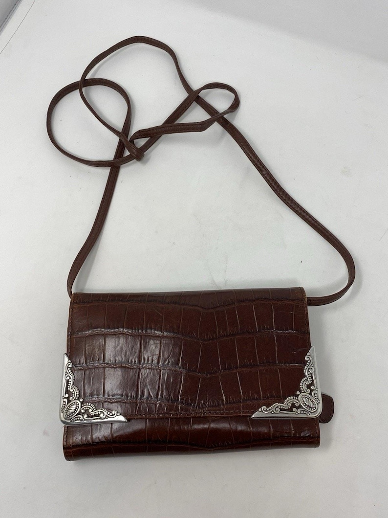 VTG Brighton sac à main organisateur portefeuille en cuir gaufré croco marron des années 90 image 1