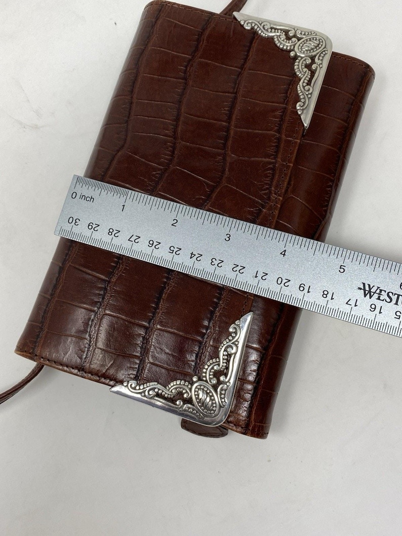 VTG Brighton sac à main organisateur portefeuille en cuir gaufré croco marron des années 90 image 10