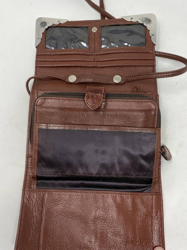 VTG Brighton sac à main organisateur portefeuille en cuir gaufré croco marron des années 90 image 4