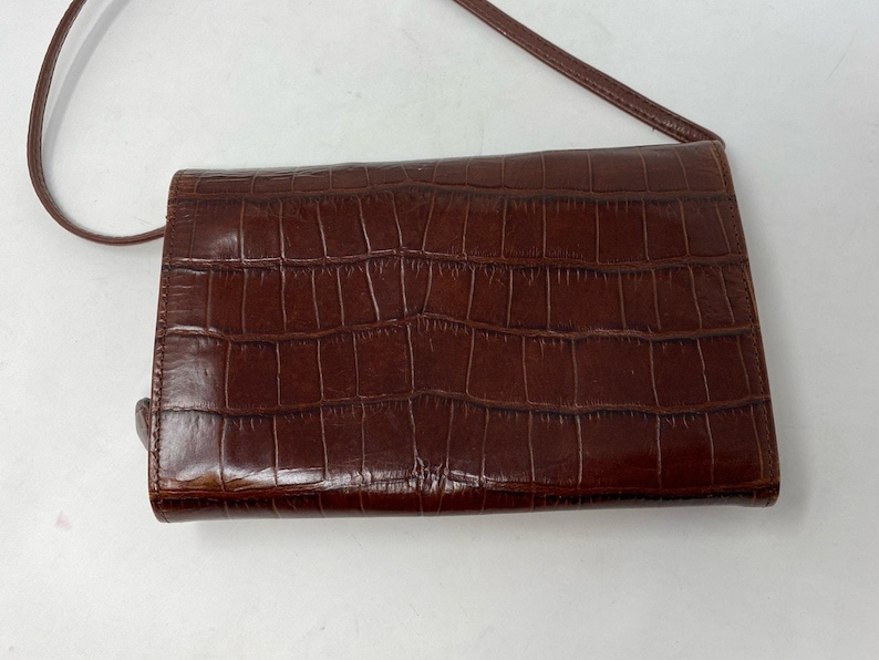 VTG Brighton sac à main organisateur portefeuille en cuir gaufré croco marron des années 90 image 3