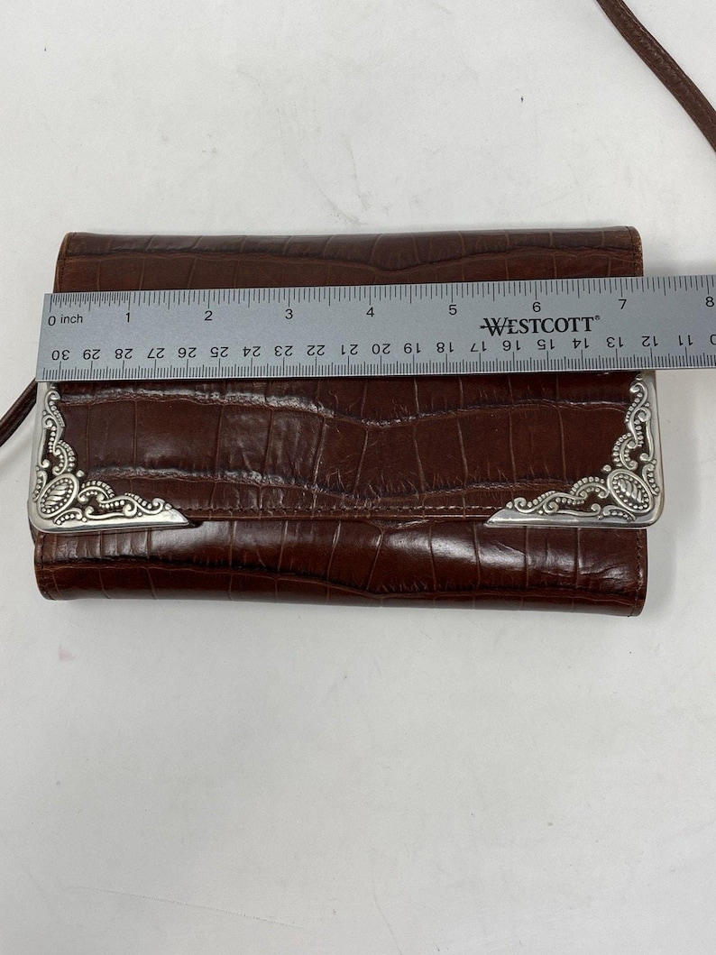 VTG Brighton sac à main organisateur portefeuille en cuir gaufré croco marron des années 90 image 5