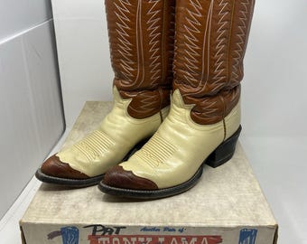 Vtg Tony Lama Cowboy Boots Womens 8 Cognac Two Tone Leather Lizard Toe Riding