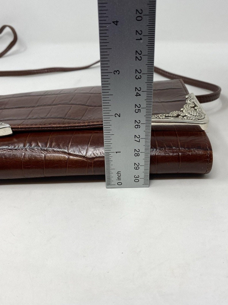 VTG Brighton sac à main organisateur portefeuille en cuir gaufré croco marron des années 90 image 9