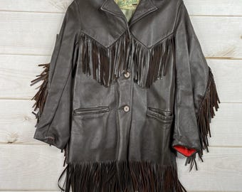 Veste en cuir VTG Mid Western en peau de daim adulte Sz 32 marron franges Sport Togs