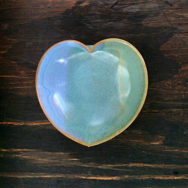 blue/green pottery heart dish  -  4 inches