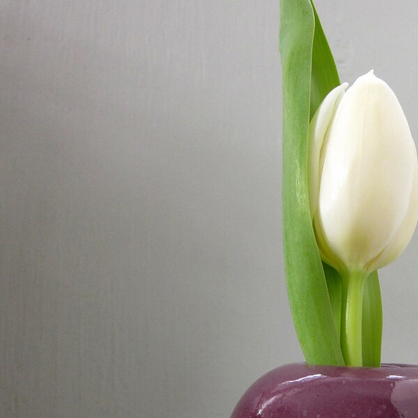 ceramic vase with ikebana flower frog plum purple