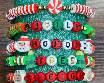 Christmas Clay Bead Bracelet – Red and Green Beads, Tree, Candy Cane, Snowflake Charms Jewelry