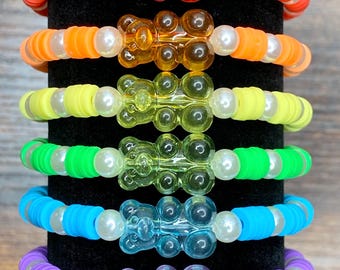 Gummy Bear Clay Bead Bracelet – Handmade Stretch Single Color Candy Charm for Kids Teens