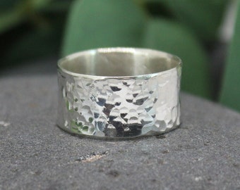 Wide Hammered Band - Handmade Sterling Silver 10mm Wide Ring - Affordable Wedding Band - Silver Thumb Ring - Matching Rings For A Couple