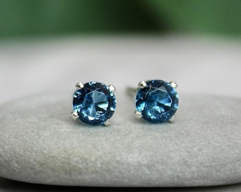 4mm Blue Zircon Stud Earrings Sterling Silver, December Birthstone Earrings, 4th Wedding Anniversary, Gift for Bridesmaid, Cute Prom Jewelry