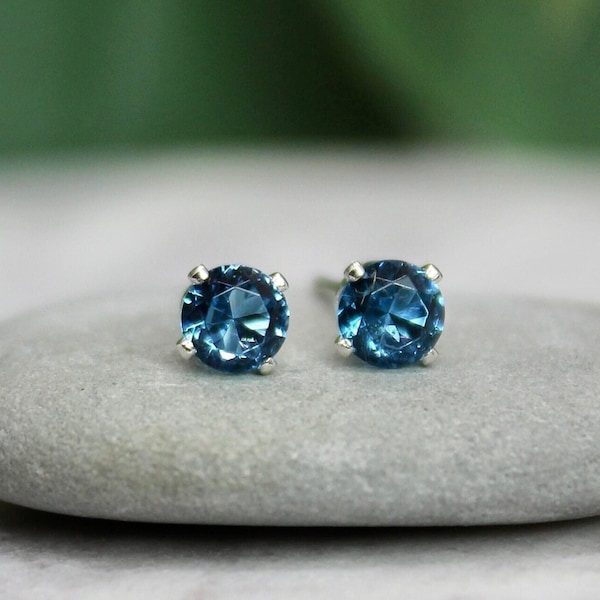 4mm Blue Zircon Stud Earrings Sterling Silver, December Birthstone Earrings, 4th Wedding Anniversary, Gift for Bridesmaid, Cute Prom Jewelry