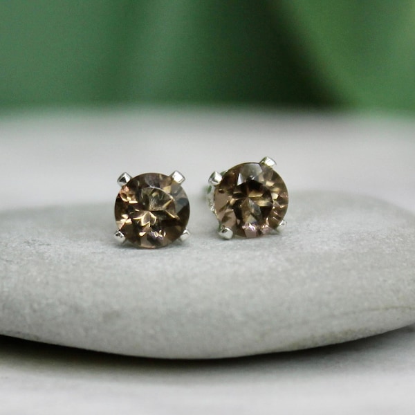 4mm Smoky Quartz Stud Earrings Sterling Silver, Bridal Party Jewelry, Cute Neutral Gray Sparkly Studs, Graduation Gift, Pretty Prom Jewelry