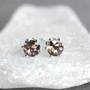 Natural 4 mm Smoky Quartz Sterling Silver Stud Earrings • Dainty Neutral Gray Sparkly Studs