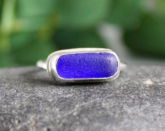 Cobalt Blue Sea Glass Statement Ring For Woman Who Has Everything, Funky Royal Blue Ring, Handmade Sterling Silver Beach Glass Jewelry