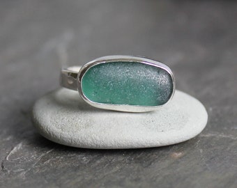 Dark Teal Green Sea Glass Ring, Forest Green Ring For An Outdoorsy Friend Who Has Everything, Handmade Sterling Silver Beach Glass Jewelry