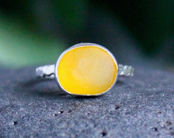 Golden Yellow Sea Glass Ring, Birthday Gift for Hard To Buy For Friend, Beach Themed Ring, Handmade Sterling Silver Beach Glass Jewelry