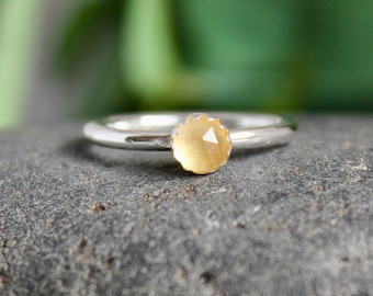 Rose Cut Citrine Stacking Ring, November Birthstone, Wedding Jewelry for Bridesmaids, Handmade Sterling Silver Yellow Gemstone Ring