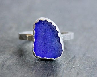 Pale Blue Sea Glass Statement Ring, Unique Gift for Hard to Buy For Woman, Aqua Turquoise Ring, Handmade Sterling Silver Beach Glass Jewelry