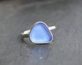 Dainty Cornflower Blue Sea Glass Ring, Ocean Theme Jewelry Gift For Woman Who Has Everything, Handmade Sterling Silver Beach Glass Jewelry