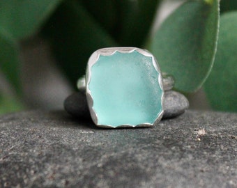 Large Turquoise Blue Sea Glass Statement Ring, Martinique Caribbean Beach Glass For Beach Wedding, Handmade Sterling Silver Glass Jewelry