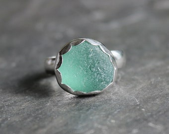 Chunky Teal Sea Glass Statement Ring, Coastal Vibe Ring For A Beach Wedding or Vacation, Handmade Sterling Silver Beach Glass Jewelry