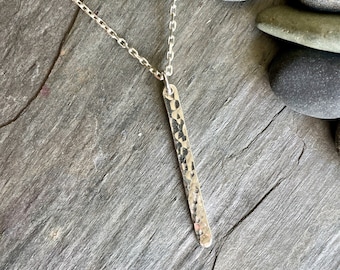 Hammered Bar Necklace, Minimalist Vertical Bar Pendant, Classic Sterling Silver Necklace That Goes With Everything, Silver Layering Necklace