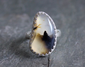 Gorgeous Montana Agate Statement Ring, Large Earthy Natural Gemstone Ring, Handmade Sterling Silver Scenic Dendritic Agate Ring