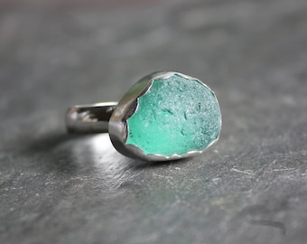 Chunky Teal Sea Glass Statement Ring For A Beach Wedding, Ocean Theme Gift For A Beach Lover, Handmade Sterling Silver Beach Glass Jewelry