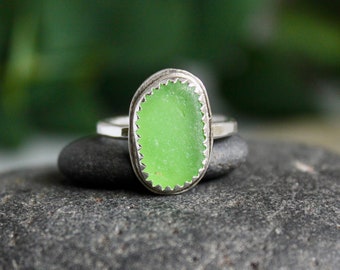 Bright Green Sea Glass Ring, Beach Glass Statement Ring For A Friend Who Has Everything, Handmade Sterling Silver Sea Glass Jewelry