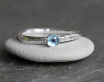 Tiny Blue Topaz Stacking Ring, December Birthstone, Cute Prom Jewelry Gift for Teen, Handmade Sterling Silver Gemstone Stacking Ring