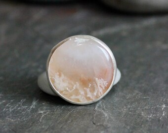 Oregon Graveyard Point Plume Agate Statement Ring, Large Earthy Pastel Pink Natural Gemstone Ring, Handmade Sterling Silver Agate Ring